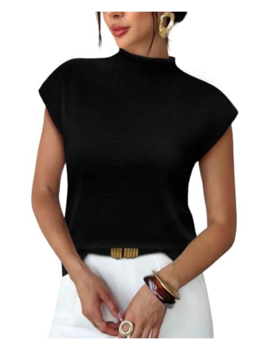 Lightweight Mock Neck Cap Sleeve Summer Sweater Top